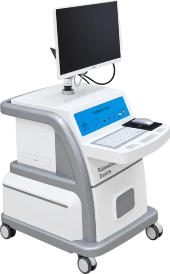 i-Health 生物回饋評估儀器:白色推車、顯示屏及藍色操作面板